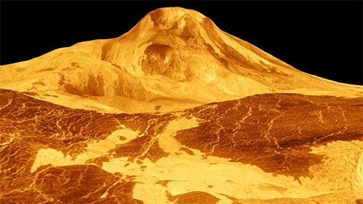 Maat Mons, a large volcano on Venus, is shown in this 1991 simulated-color radar image from NASA’s Magellan spacecraft mission