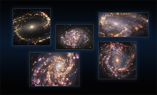 This image combines observations of the nearby galaxies NGC 1300, NGC 1087, NGC 3627 (top, from left to right), NGC 4254 and NGC 4303 (bottom, from left to right)