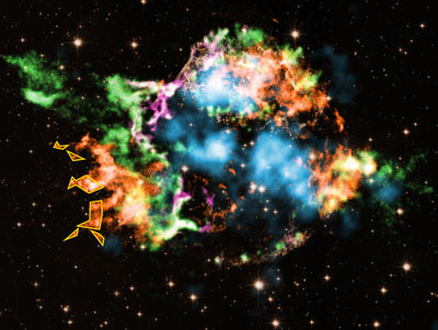 The Cassiopeia A supernova remnant has iron-rich plumes that contain titanium and chromium