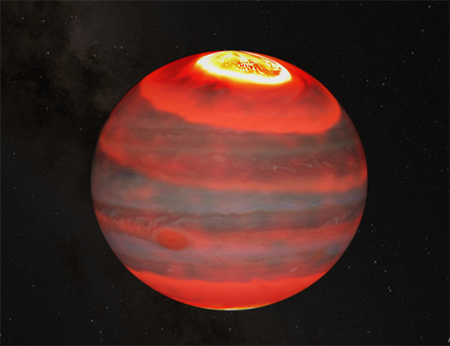 Jupiter is shown in visible light for context underneath an artistic impression of the Jovian upper atmosphere’s infrared glow