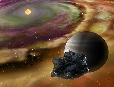 illustration of Jupiter behind an asteroid