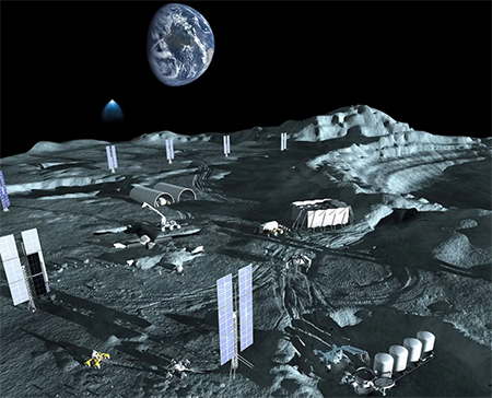 An illustration of a lunar polar mining base