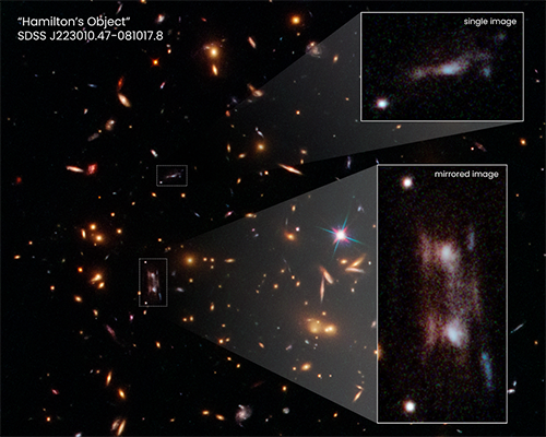 This Hubble Space Telescope snapshot shows three magnified images of a distant galaxy embedded in a cluster of galaxies