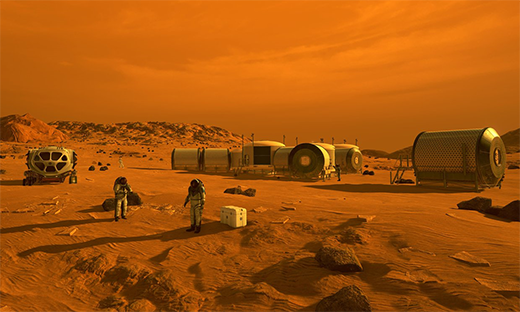 Artist's conception of astronauts and human habitats on Mars