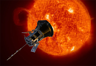 A spacecraft with the sun in the background