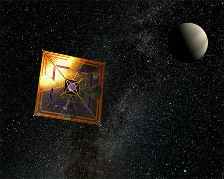 A shiny golden-hued square with a small spacecraft attached in space with a planet in the background
