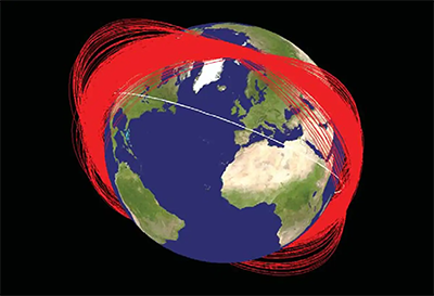 An image of the Earth with many red lines surrounding it
