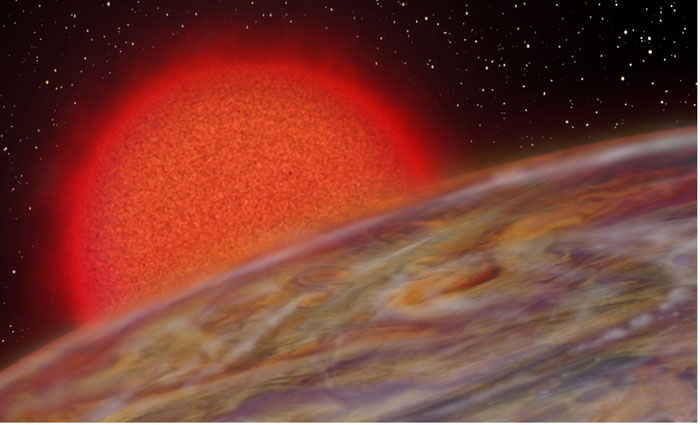 illustration of a hot Jupiter-like exoplanet orbits an evolved, dying star