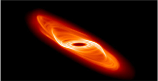 Image showing a rotating protoplanetary disc with a warp in its initial stages