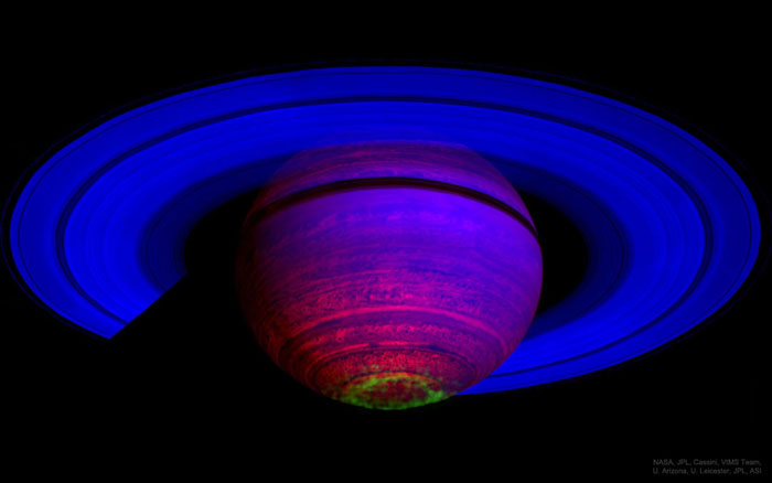 Infrared image of Saturn showing an aurora at its southern pole