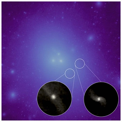 Dark matter distribution in a simulated galaxy group, with brighter areas showing higher concentrations of dark matter