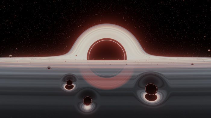 Illustration of a swarm of smaller black holes in a gas disk rotating around a giant black hole