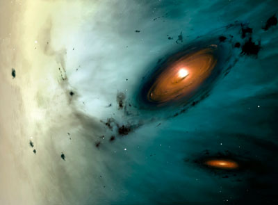 Computer artwork depicting two protoplanetary disks
