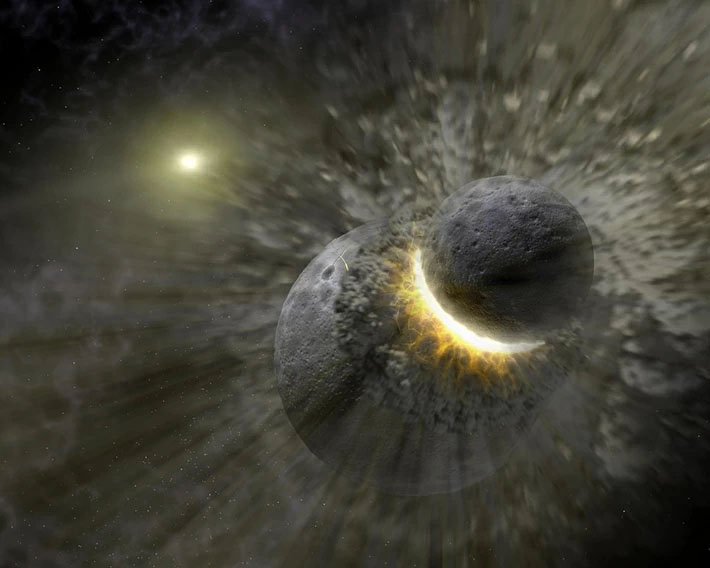 Artist's concept illustrates two celestial bodies crashing into each other