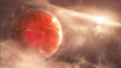 This is an artist's illustration of a massive, newly forming exoplanet called AB Aurigae b