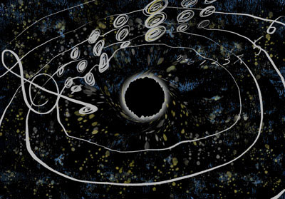 conceptual figure of a binary black hole and gravitational wave