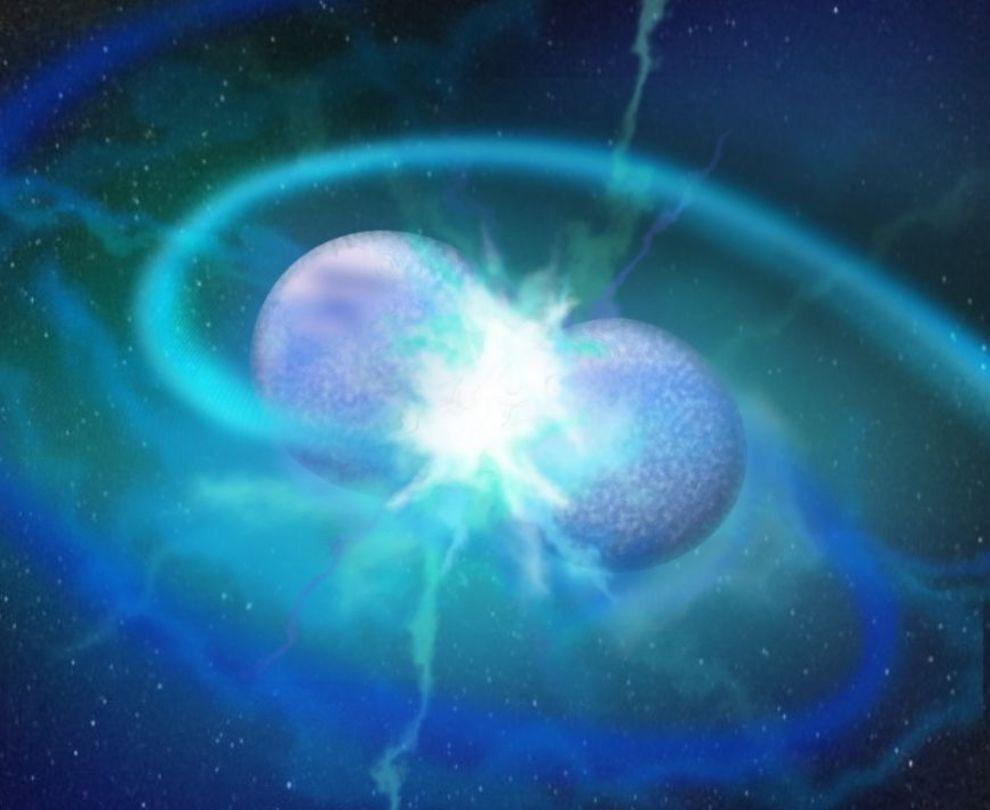Artist's impression of the merging of two white dwarf stars