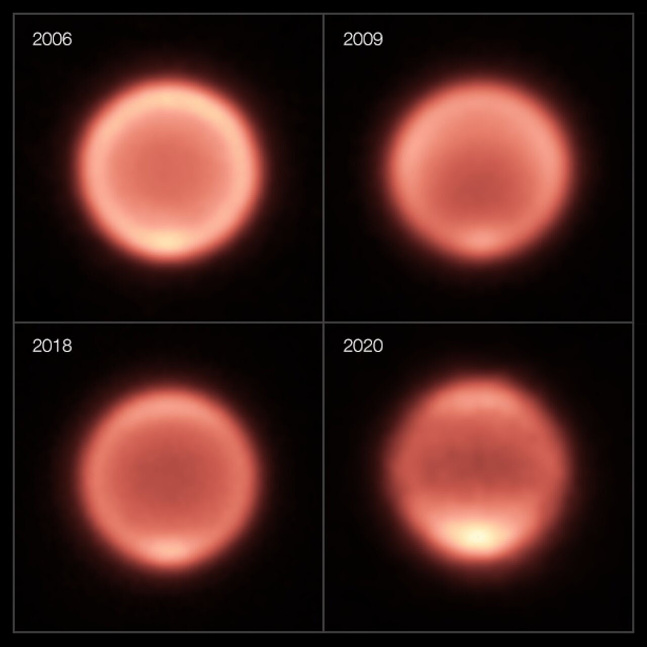 Este compuesto muestra imágenes térmicas de Neptuno tomadas entre 2006 y 2020