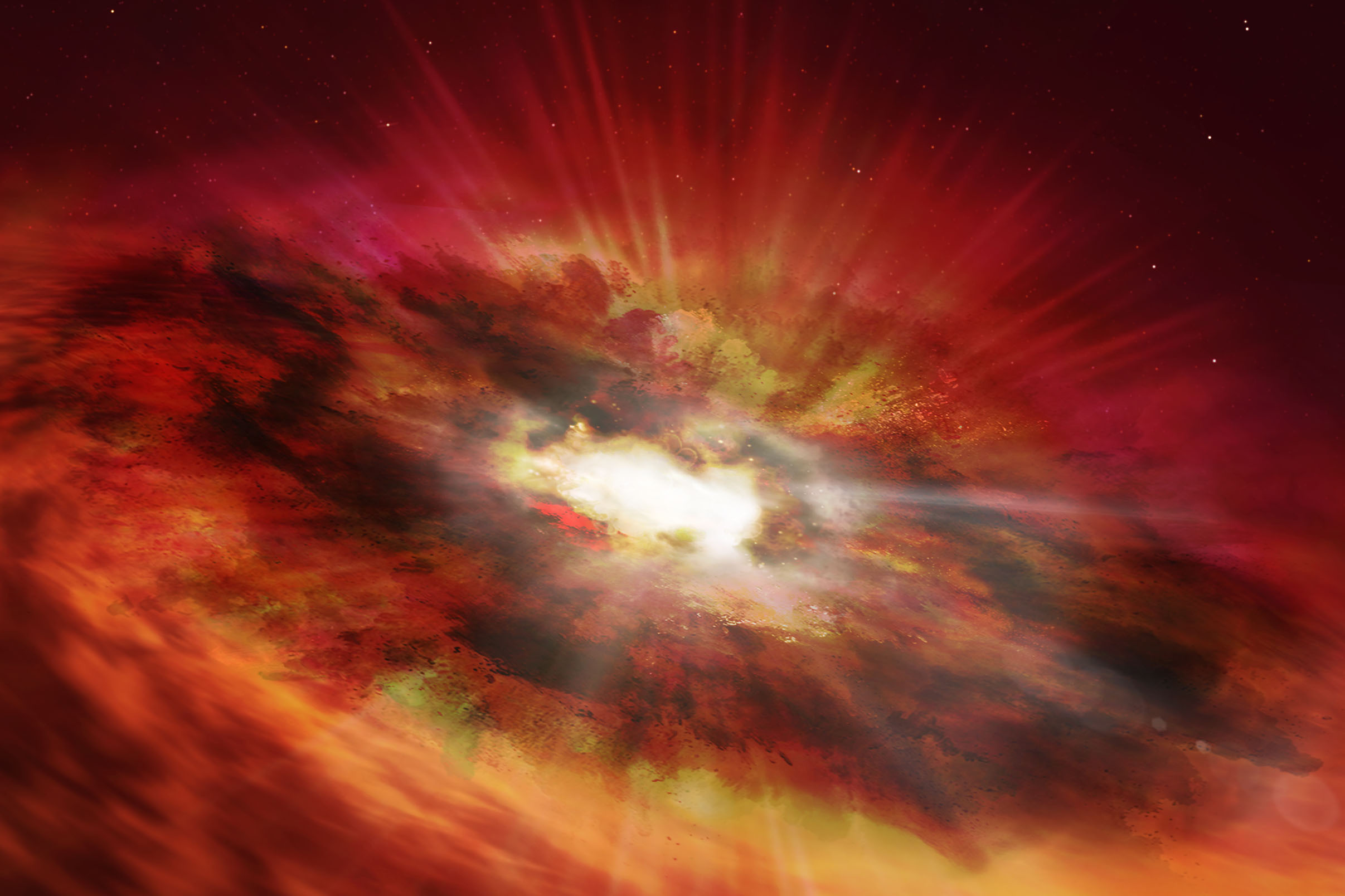 la representación del artista de un agujero negro supermasivo que reside en el núcleo cubierto de polvo de una galaxia 
