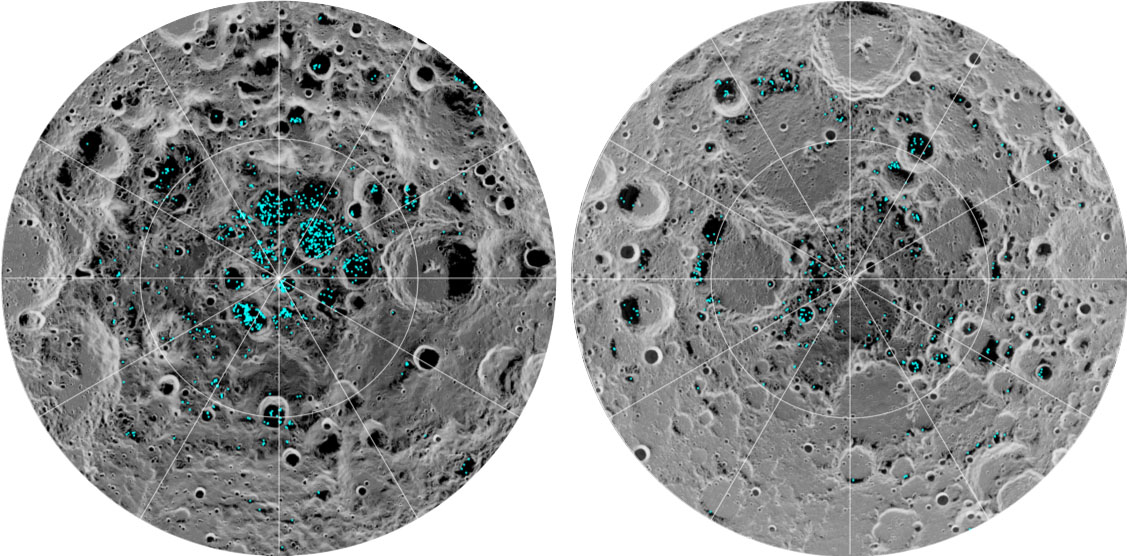 The image shows the distribution of surface ice at the moon’s south pole (left) and north pole (right)