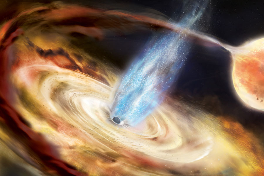 In this illustration, a black hole pulls material off a neighboring star and into an accretion disk