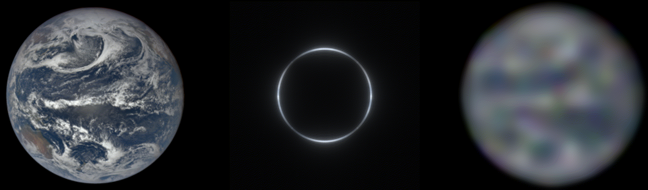An example of a reconstruction of Earth, using the ring of light around the Sun, projected by the solar gravitational lens