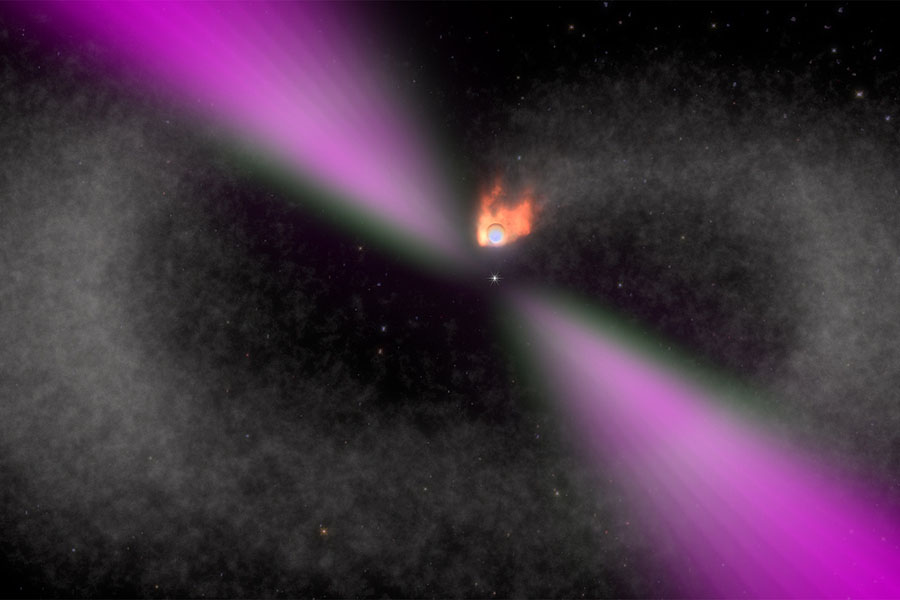 An illustrated view of a black widow pulsar and its stellar companion