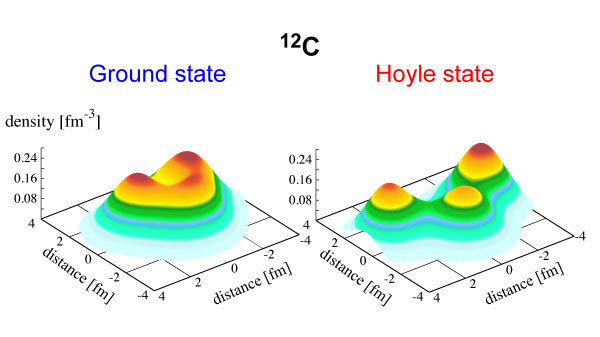 These computer simulations show the structures of carbon-12 in the unstable, excited Hoyle state and as a stable ground state