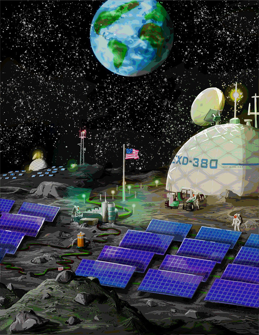 an artistic rendering of what a resilient microgrid for a lunar base camp might look like
