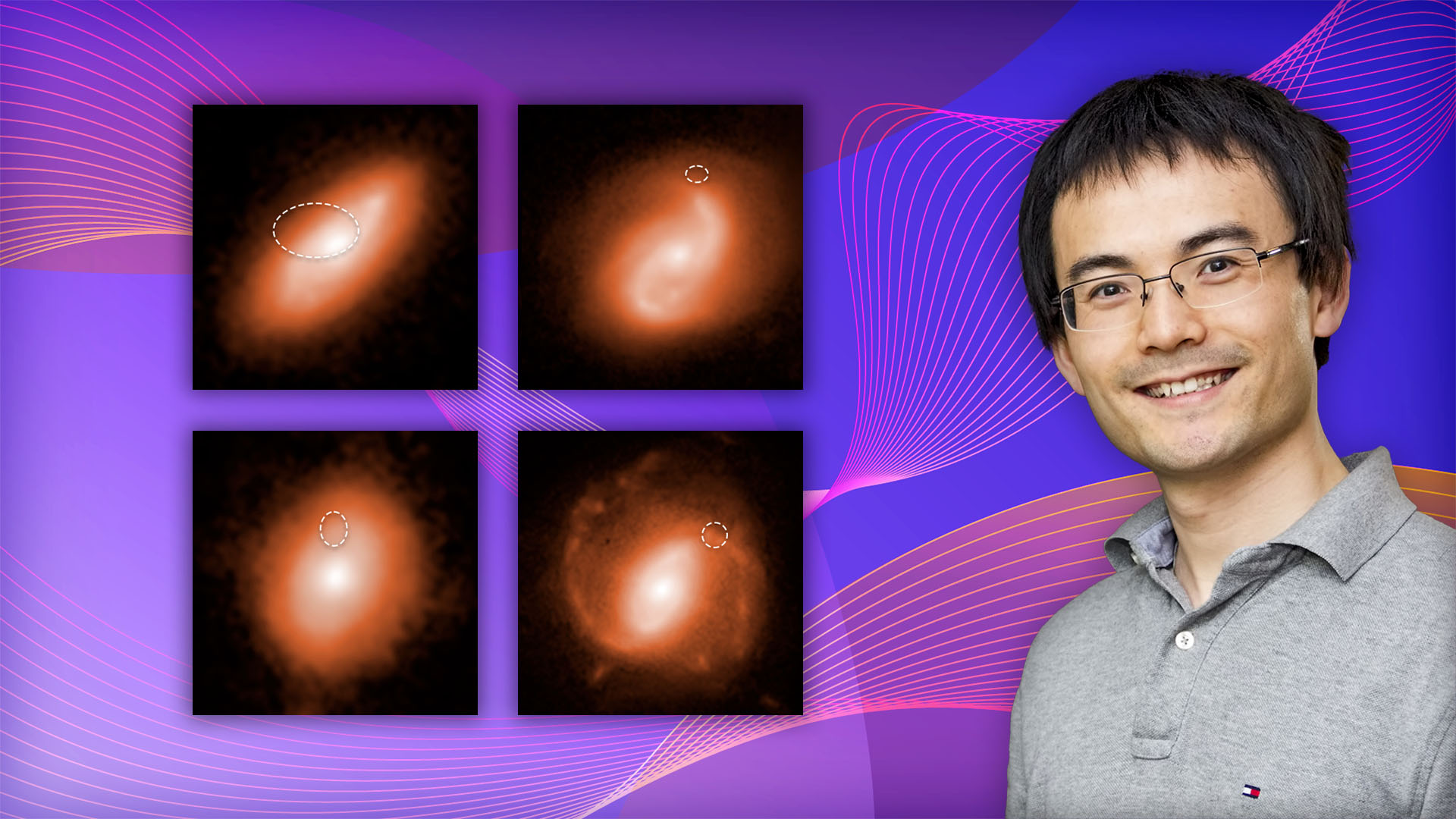 Physicist Kenan Qu with images of fast radio burst in two galaxies