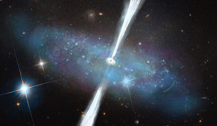 Ilustración de una galaxia enana con un agujero negro y un chorro en crecimiento