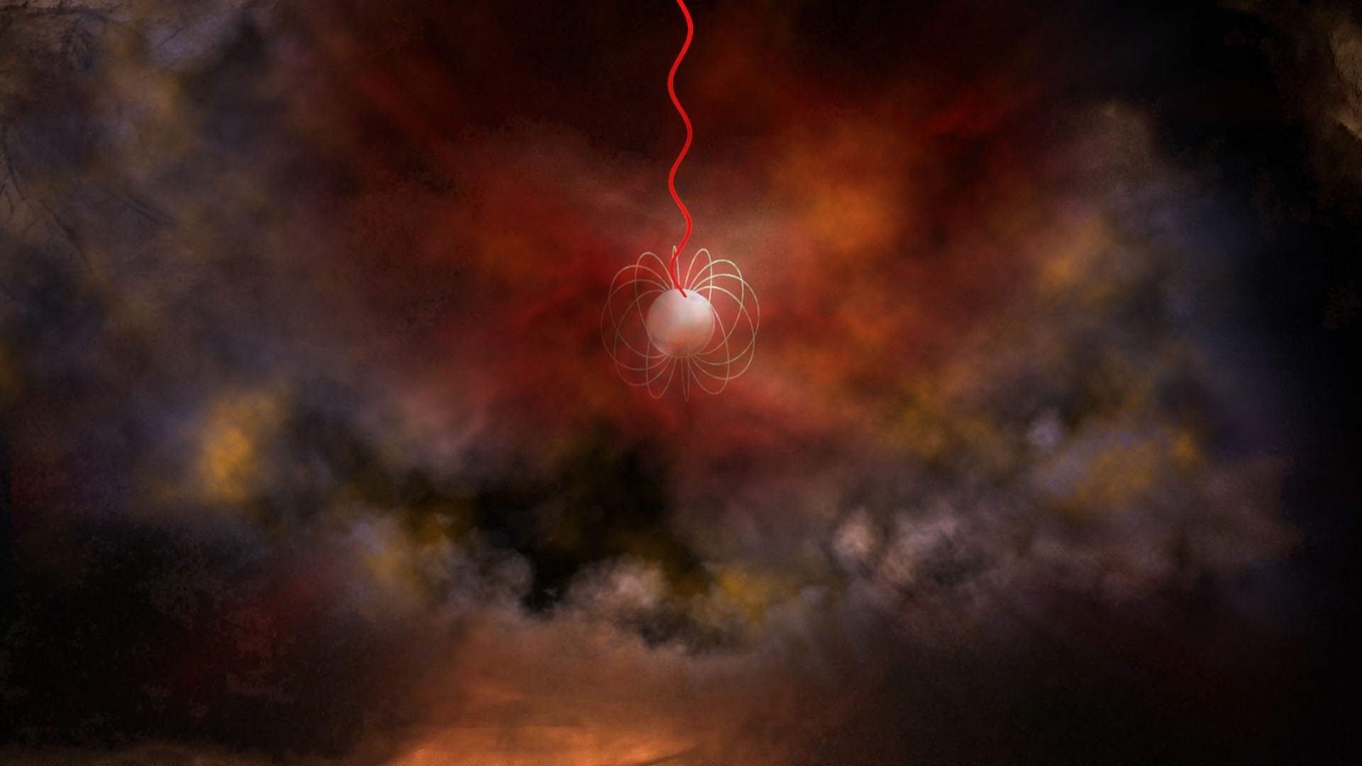 Artist's conception of a neutron star with an ultra-strong magnetic field, called a magnetar, emitting radio waves (red)