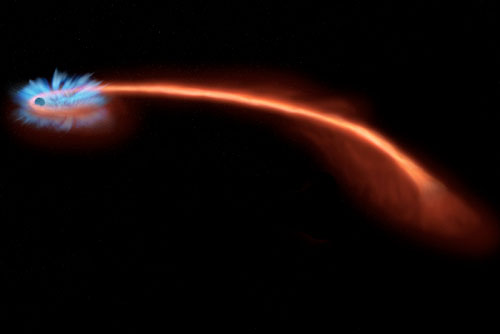 If a star (red trail) wanders too close to a black hole (left), it can be shredded, or spaghettified, by the intense gravity
