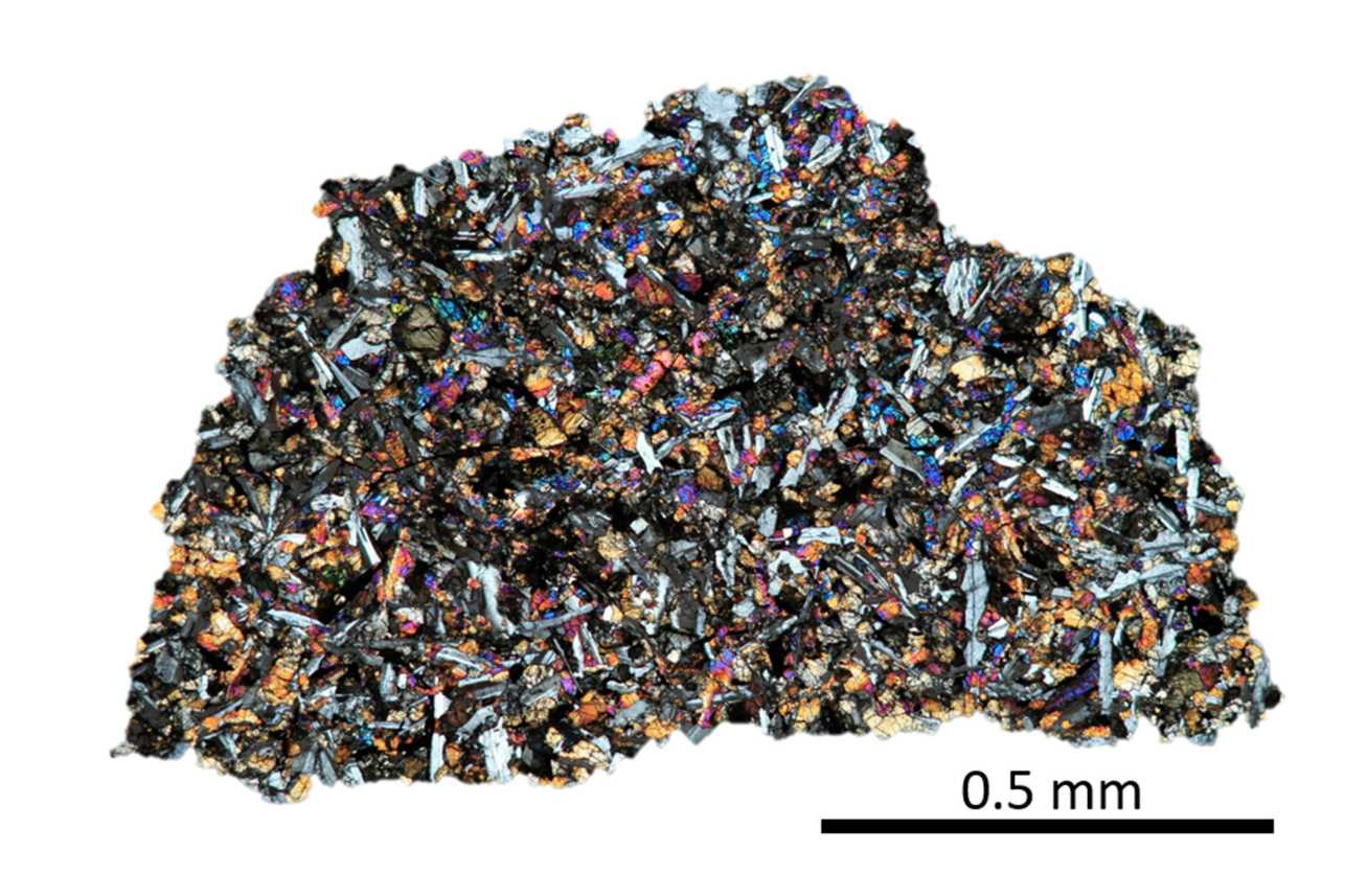 Thin section of NASA sample, LAP 02436, Lunar Mare Basalt containing indigenous noble gases