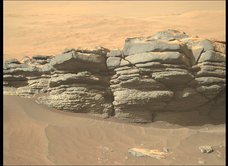layered rocks in Jezero Crater on the Martian surface