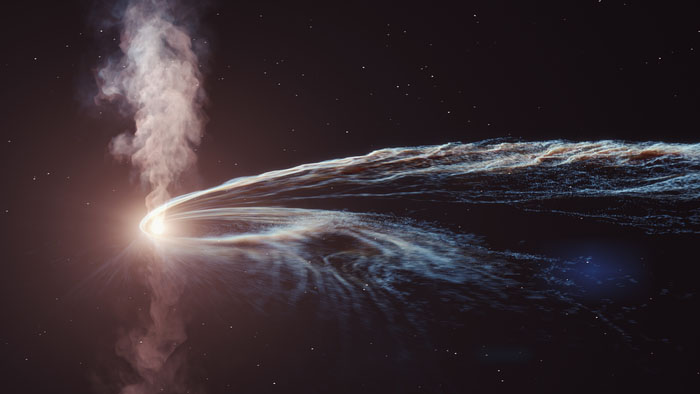Artist’s illustration of tidal disruption event AT2019dsg where a supermassive black hole spaghettifies and gobbles down a star