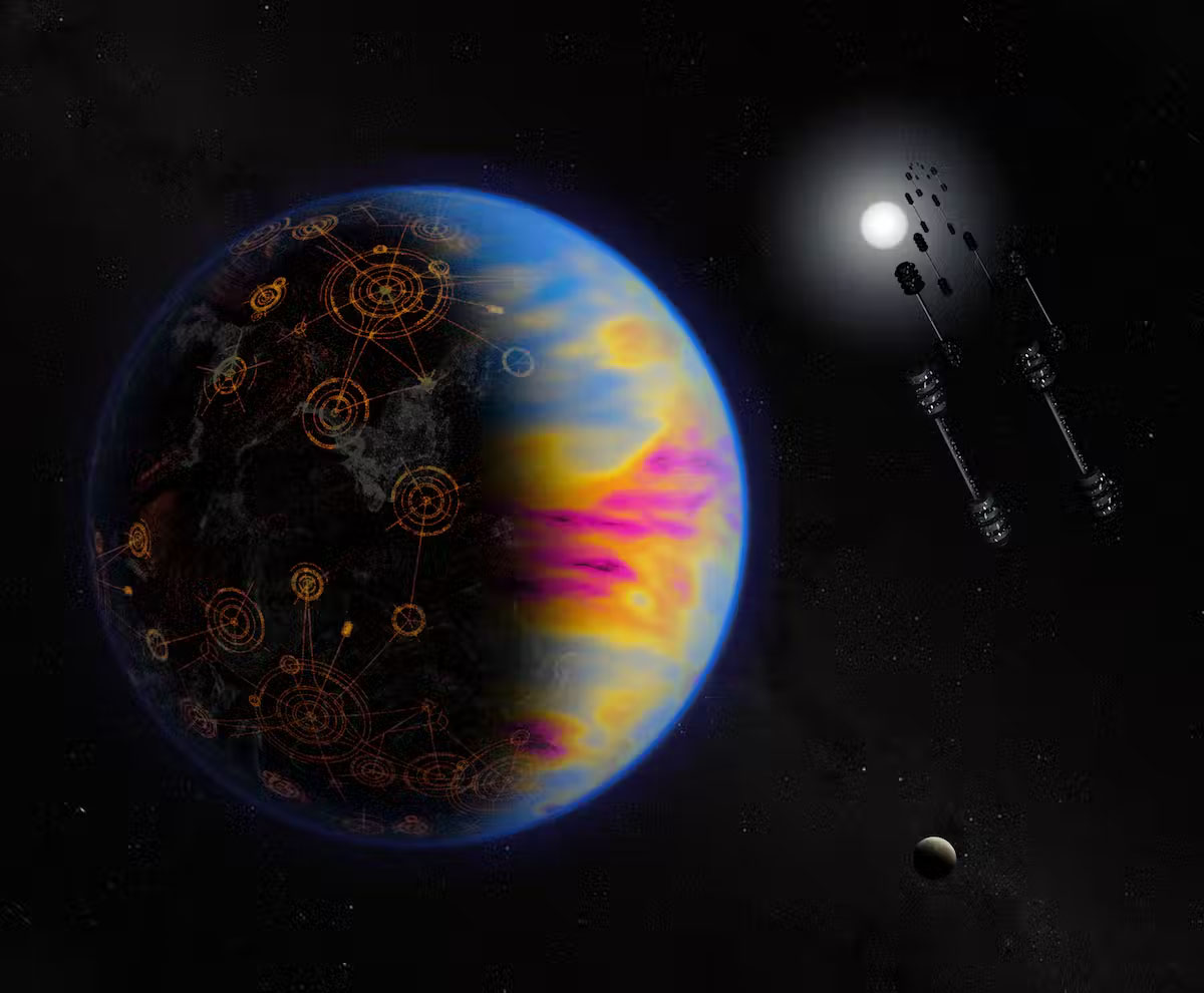 An artist's depiction of a planet covered in cities and with a chemically altered atmosphere