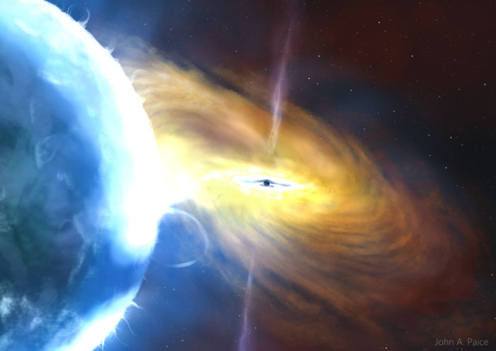 An artist’s impression of the Cygnus X-1 system, with the black hole appearing in the center and its companion star on the left
