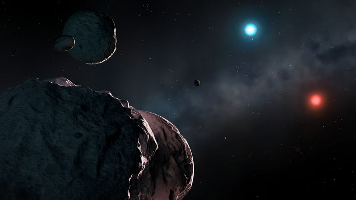 Artist’s impression of the old white dwarfs WDJ2147-4035 and WDJ1922+0233 surrounded by orbiting planetary debris