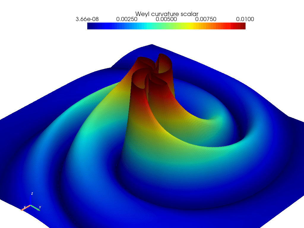 Numerical simulation representing the curvature of spacetime during the merger of two black holes