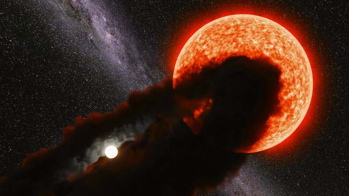 An artistic rending of the star Gaia17bpp being partially eclipsed by the dust cloud surrounding a smaller companion star