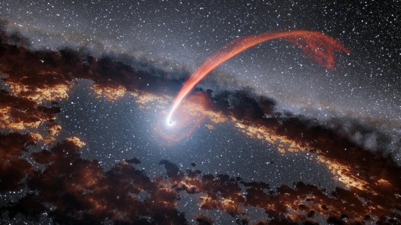 This illustration shows a glowing stream of material from a star as it is being devoured by a supermassive black hole in a tidal disruption flare