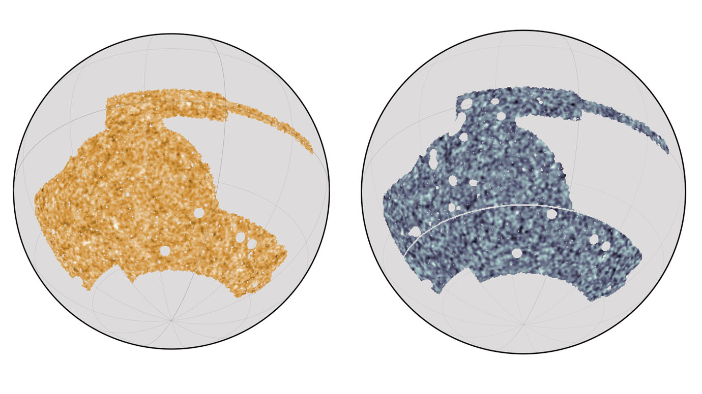 comparing maps of the sky from the Dark Energy Survey telescope (at left) with data from the South Pole Telescope and the Planck satellite (at right)