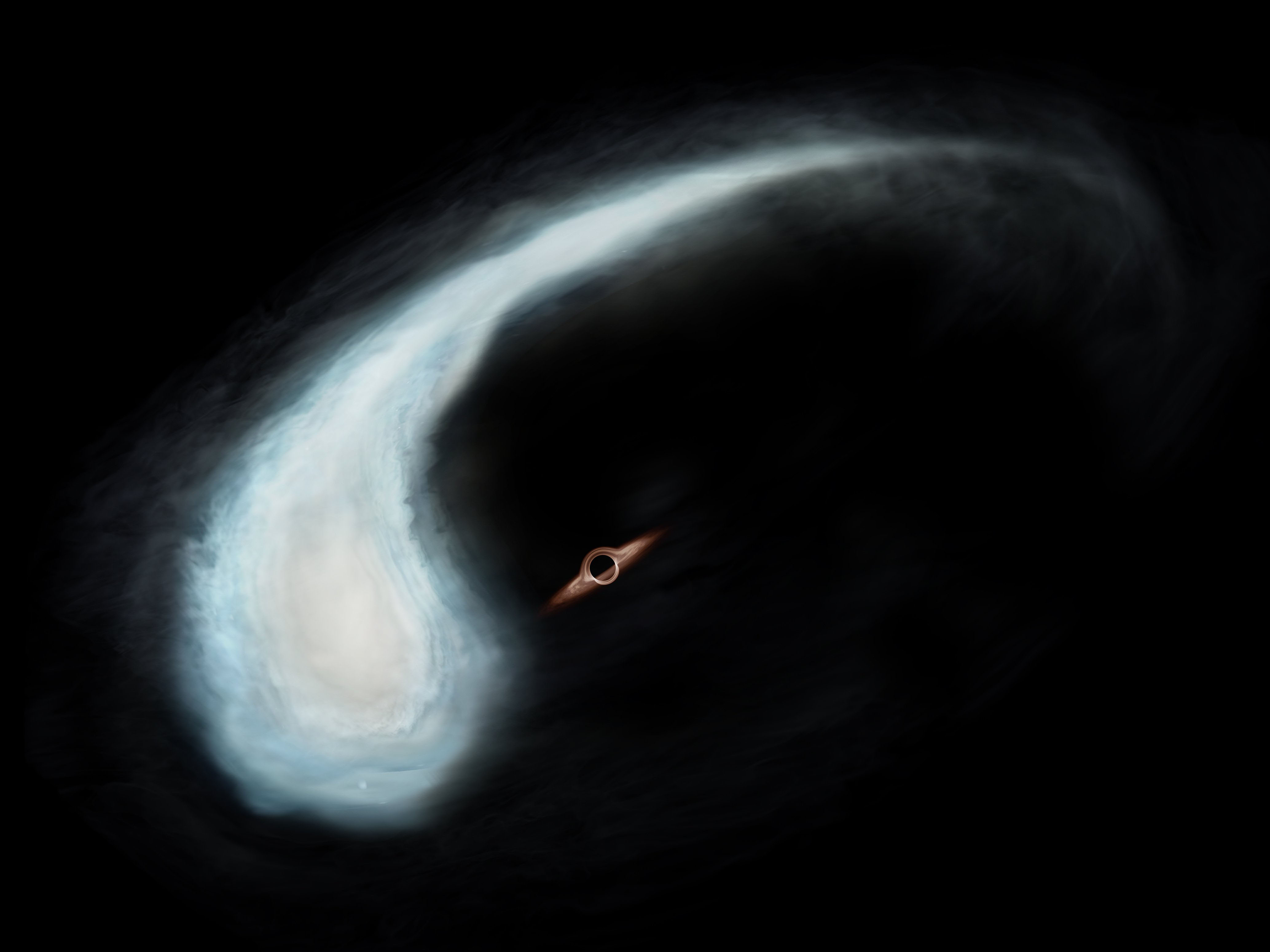 Artist’s impression of the Tadpole molecular cloud and the black hole at the gravitational center of its orbit