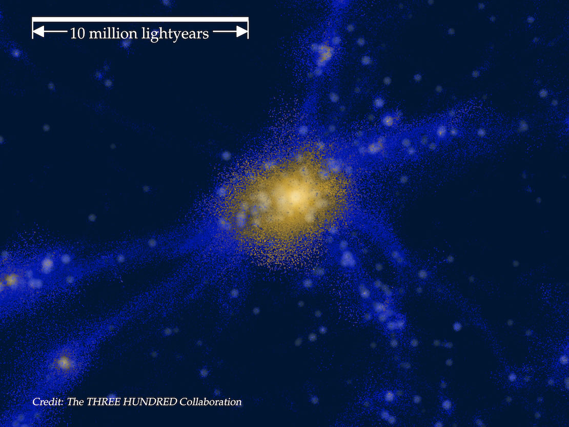 A simulated visualization depicts the scenario of large-scale heating around a galaxy protocluster