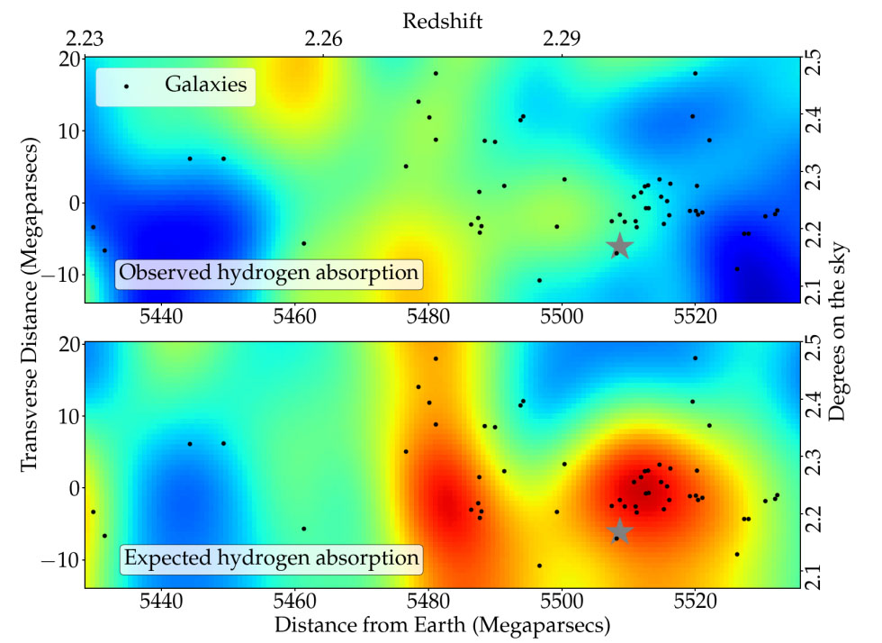 This figure compares observed hydrogen absorption in vicinity of the COSTCO-I galaxy protocluster (top panel), compared with the expected absorption given the presence of the protocluster as computed from computer simulations