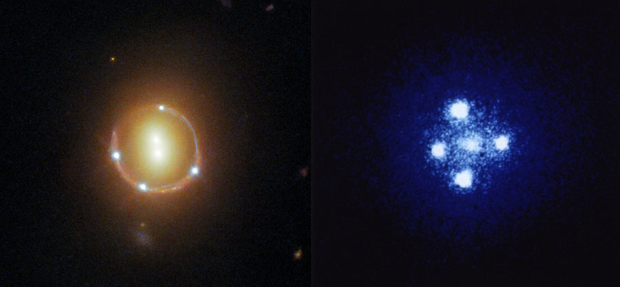 Examples of gravitational-lensed images observed with the Hubble Space Telescope