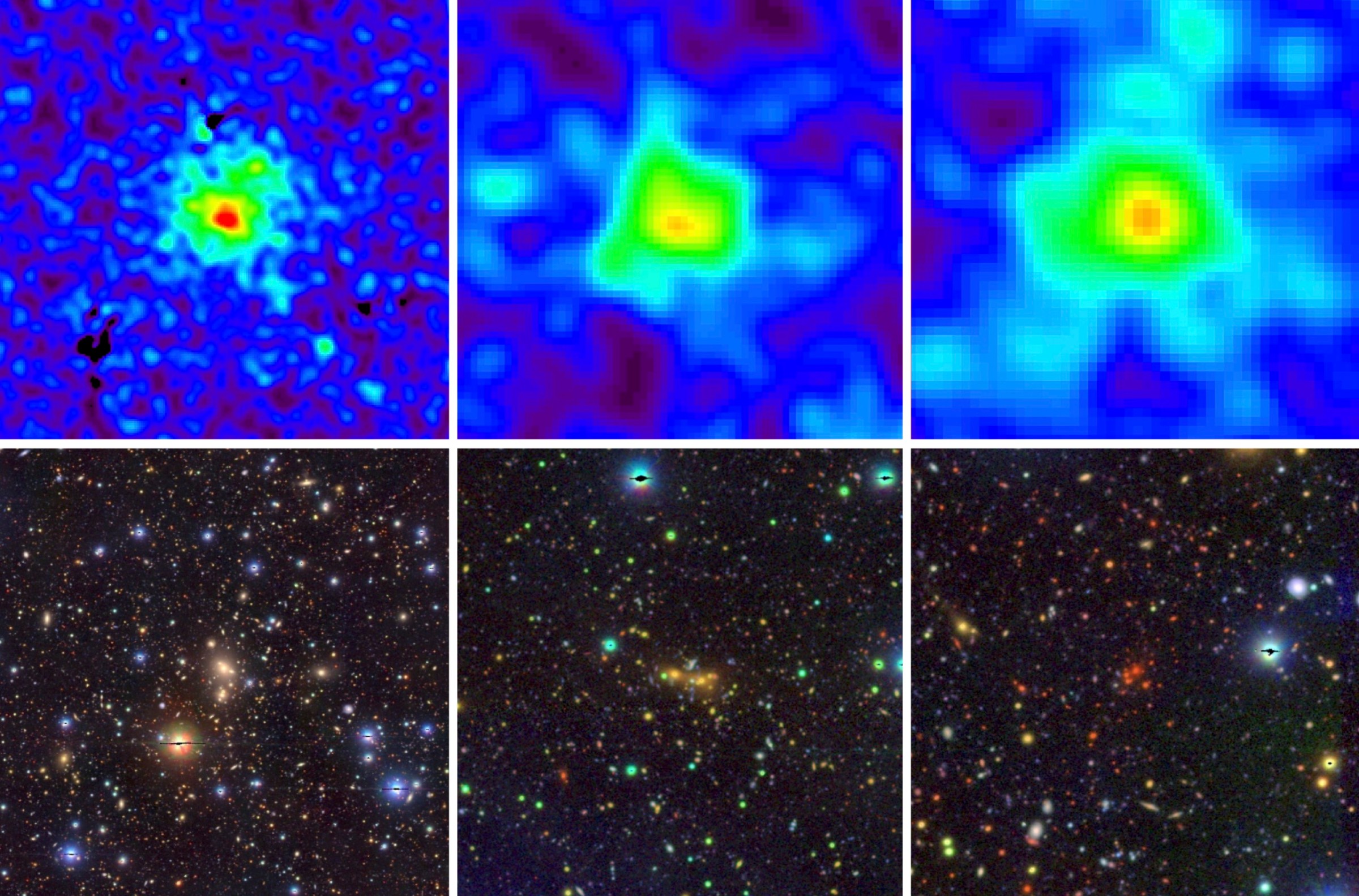 X-ray (over) and optical pseudo-color (below) images of three low mass clusters identified in the eFEDS survey data