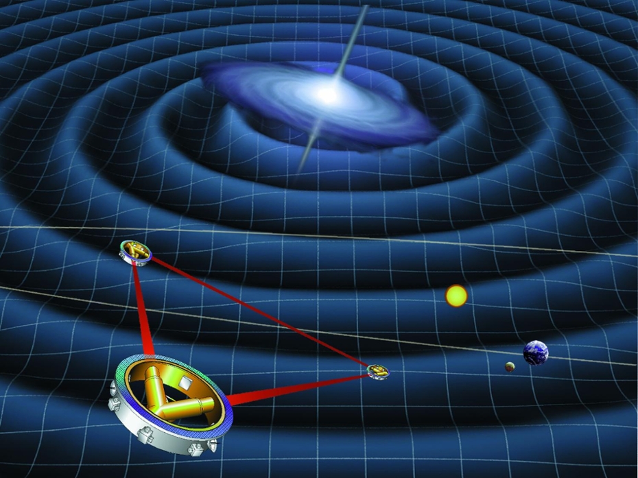 Artist’s impression of the space-based LISA experiment detecting a gravitational wave