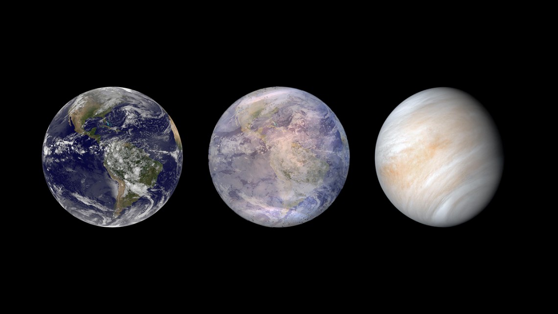 Artist impression showing the exoplanet LP 890-9c’s potential evolution from a hot Earth to a desiccated Venus